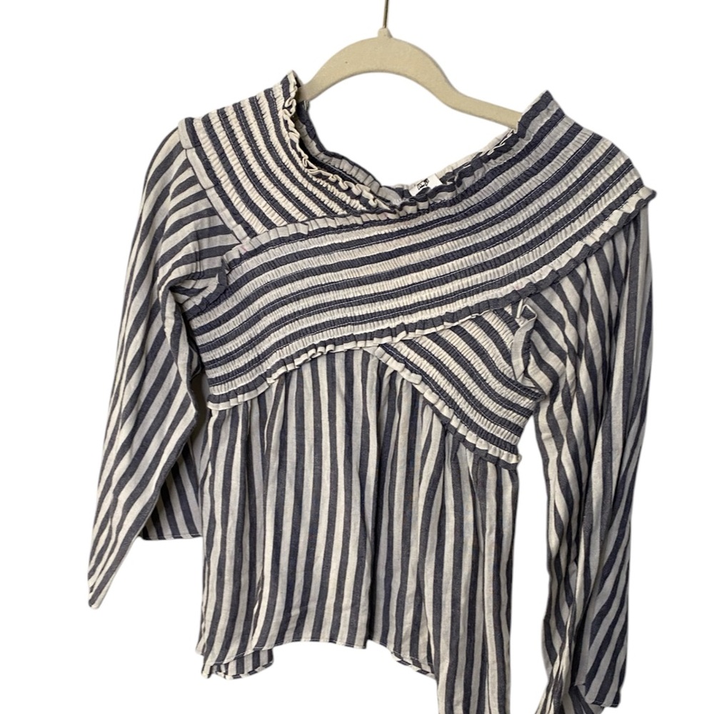LAWLESS Blue and White Asymmetrical Ruffled Blouse
